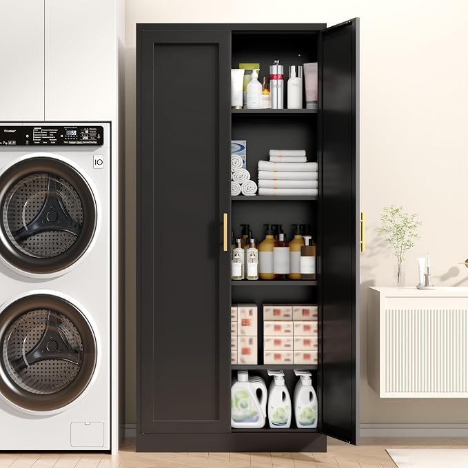 71” Tall Kitchen Pantry Cabinet, Metal Storage Cabinet with 2 Doors and 4 Adjustable Shelves for Kitchen, Living Room, Laundry Room