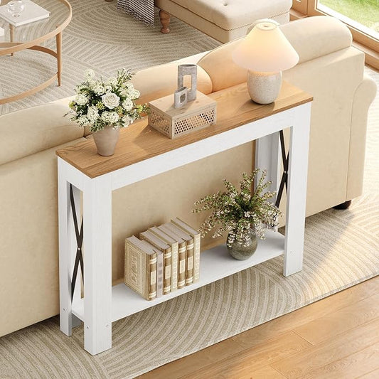 YATINEY Farmhouse Console Table, 39.4'' Small Narrow Entryway Table, Wood Couch Table Behind Sofa with Storage Shelf, Slim Farmhouse Hallway Table for Hallway, Foyer, White & Light Walnut CT34WV