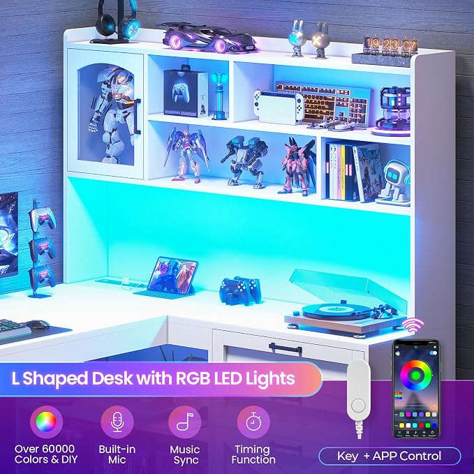 SEDETA Farmhouse L Shaped Office Desk with Drawers, 61” Computer Desk with Storage Shelves and Power Outlet, Corner Gaming Desk with LED Light and Display Cabinet for Home Office (White)