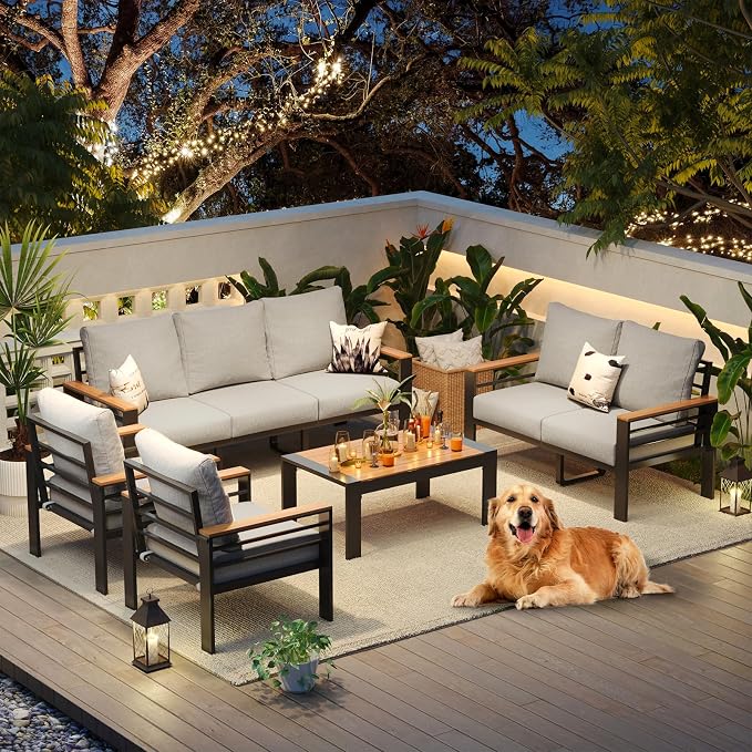 Aoxun Aluminum Patio Furniture Set 7 Seats, Oversized Outdoor Sectional with Washable Thick Cushions, Coffee Table, Patio Conversation Sets for Porch, Balcony, Deck