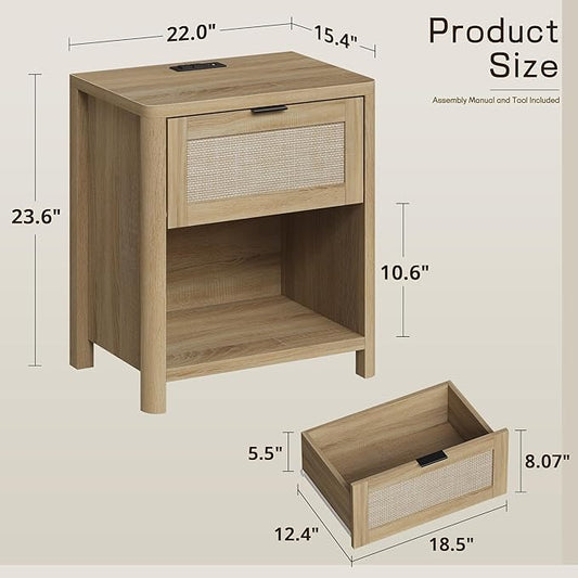 Boho Nightstand with Charging Station, Large Bedside Table with Drawer & Open Storage Shelf, Mid-Century Modern End Table Rattan-Look Drawer, Accent Side Table with Rounded Corners for Bedroom
