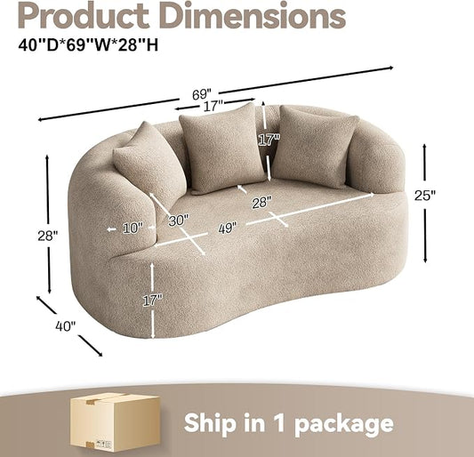 69" Curved Loveseat Sofa for Living Room, Modern Chenille Love Seat Cloud Couch, Luxury Plush Extra Deep Oversized Sofa for Small Spaces, Bedroom, Apartment, No Assembly Required, Light Brown