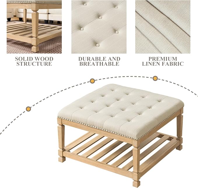 Befurtori Large Square Ottoman Coffee Table, Linen Solid Upholstered Footrest Ottoman with Solid Wood Shelf Storage Tufted Coffee Table for Bedroom Living Room-Ivory