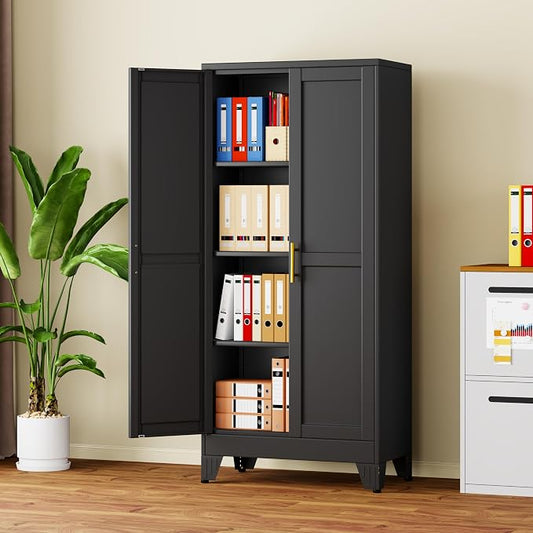 61" Black Metal Storage Cabinet with 2 Doors and 3 Adjustable Shelves,Steel Garage Tool Cabinet, File Cabinet,Kitchen Pantry Cabinet for Home,Office,Garage,School,Warehouse