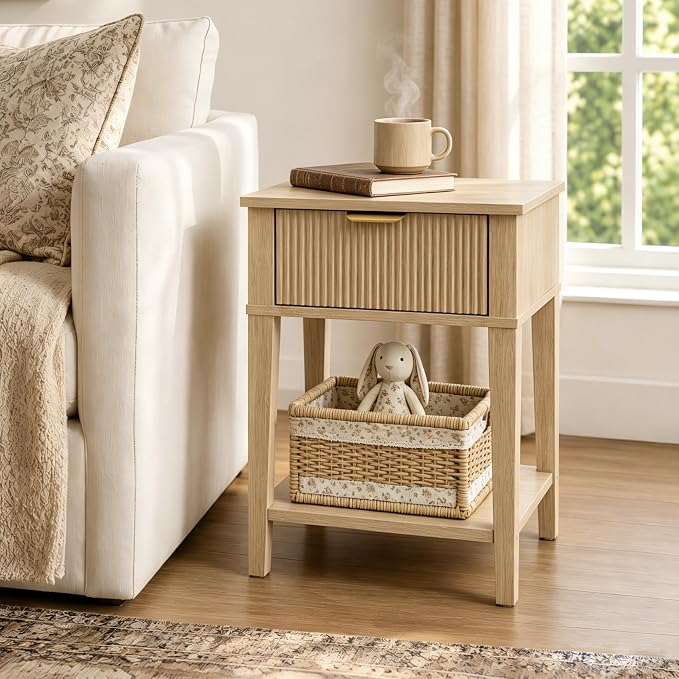 Natural Oak 15" Wide Small Nightstand with Drawer, Open Shelf, Fluted | Light oak tone, ribbed fluted front, 11.8-inch slim depth, concealed storage, airy fit for bedside, sofa side, or chair side
