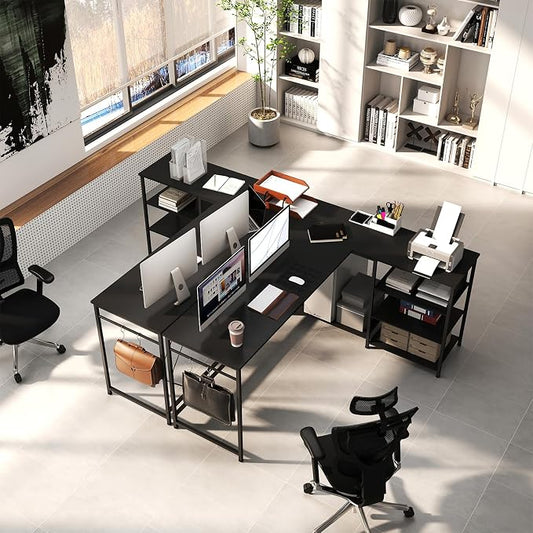 YOSHOOT 63" L Shaped Computer Desk, Gaming Desk | Office Desk with Open Shelves, Corner Desk L Shape for Home Office Work Study, Black