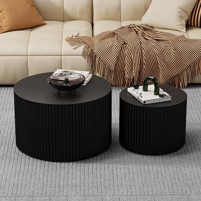 Round Nesting Coffee Table Modern Black Fluted Coffee Table Set of 2 Stripe Round Coffee Tables Circle Drum Coffee Tables Side Table Accent End Table for Living Room (Black Large)
