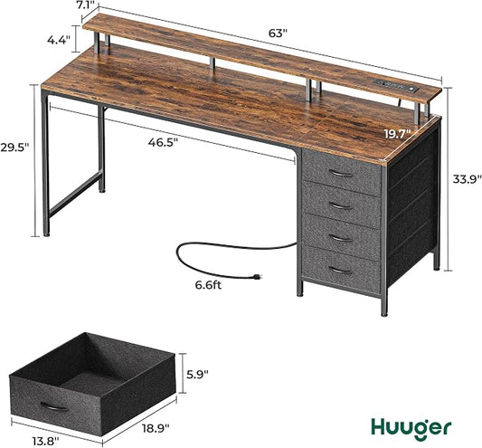 Huuger 63 Inch Rustic Brown Gaming & Office Computer Desk with 4 Drawers, Monitor Stand, LED Lights & Power Outlets