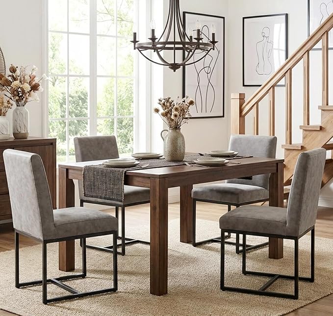 VESCASA Faux Leather Upholstered Dining Chairs with Black Metal Frame, Mid Century Modern Padded Kitchen Chair with Adjustable Foot Pads for Restaurant, Dining Room, Set of 6, Light Grey