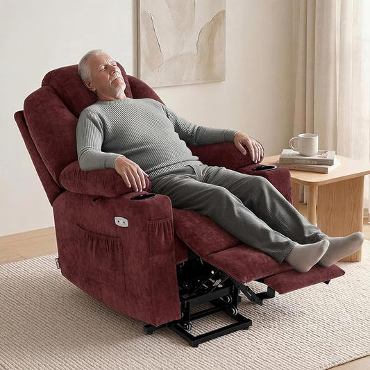MCombo Power Lift Recliner Chair for Elderly, Lift Chair with Heat and Massage for Tall People, USB&Type C Ports, Extended Footrest, Cup Holders, Fabric 7516(Large,Sangria)