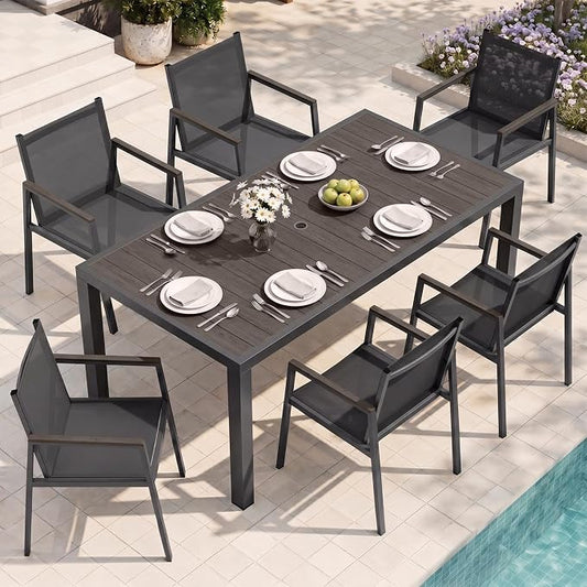 Outdoor Dining Table, Aluminum Patio Table Set, All Weather Patio Dining Furniture Set with Umbrella Hole for Backyard, Deck, Poolside (Charcoal)