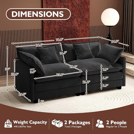 Ihanherry Cloud Sofa 77 Inch Loveseat, Modern Sectional Couch, 2-Seats Sofa for Living Room Bedroom and Apartment, Comfy Double Layer Upholstered Seat Cushion, Breathable Chenille Fabric, Black
