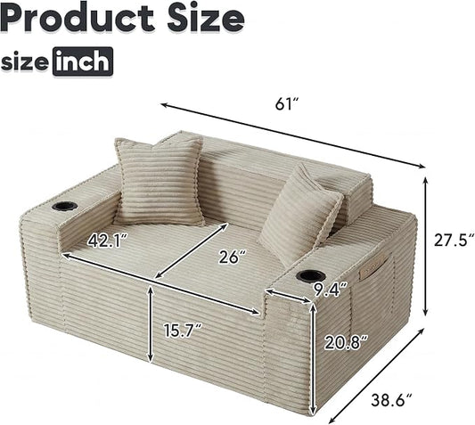 Boneless Sectional Sofa Couch with Cup Holders & Side Pockets, Modern Corduroy Fabric Deep Seat Loveseat Cloud Couch for Living Room Office, No Assembly (Camel)