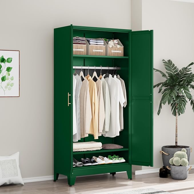 GAIOUS Metal Wardrobe Cabinet with Hanging Rod, Clothing Storage Cabinets | with 2 Doors and Adjustable Shelves, 71" Metal Green Armoire Wardrobe Closet for Bedroom, Laundry Room, Cloak Room