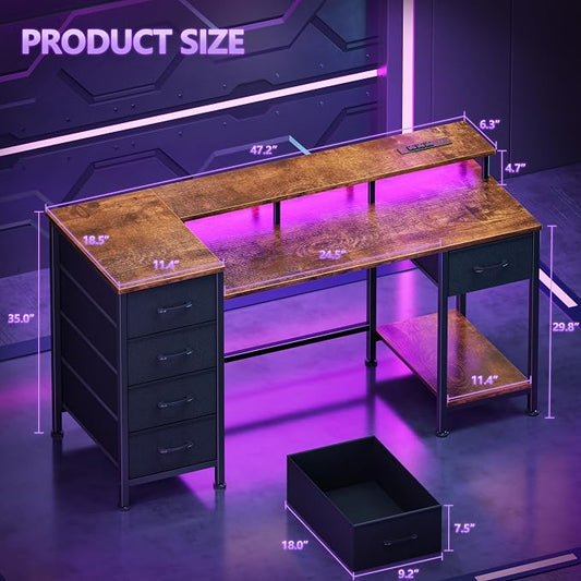 Korfile 47 Inch Gaming Desk with Power Outlets and LED Lights, Reversible Computer Desk with 5 Fabric Storage Drawers, Home Office Desk with Monitor Stand for Working Writing Study, Rustic Brown