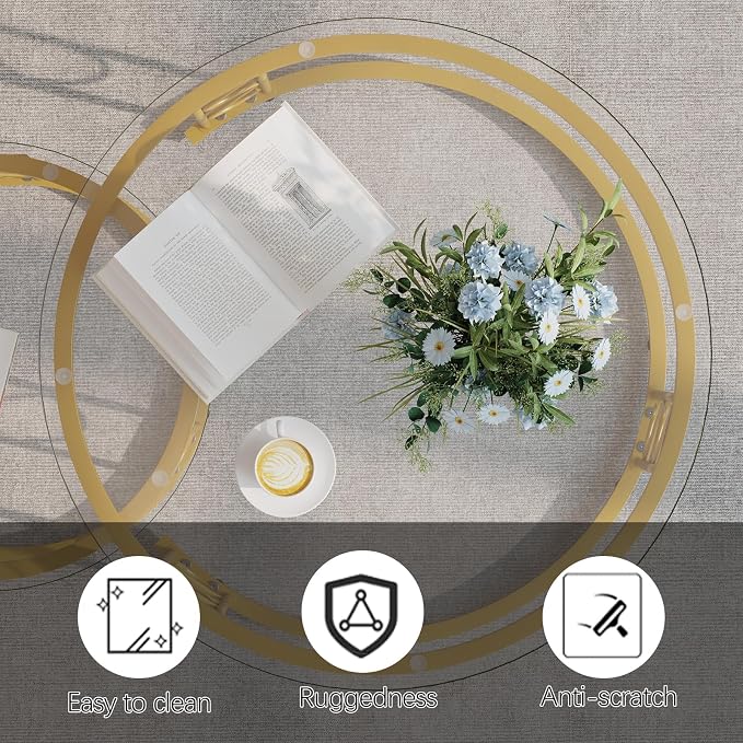 Garden 4 you Nesting Coffee Table, 23.6" Round Coffee Table Set of 2, Glass Nesting Table with Metal Frame, Ceter Tables for Living Room Bedroom Balcony, Gold