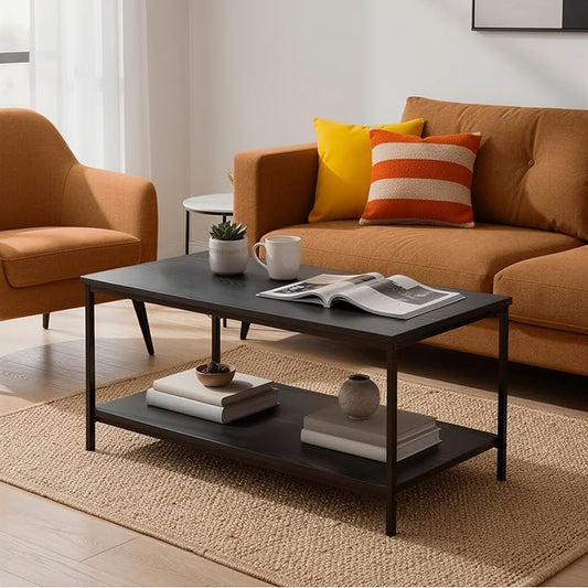 Amazon Basics Rectangular Coffee Table with Bottom Shelf, Living Room Centre Table, Easy to Assemble, 19.9" D x 31.5" W x 16.5" H, Black Woodgrain
