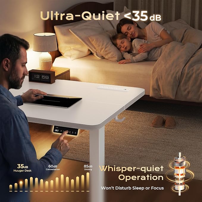 Huuger Electric Standing Desk with Power Outlets and USB-C Port, 39 X 24 Inch Height Adjustable Desk, Sit Stand Desk for Home Office, Computer & Gaming Desk with 4 Presets, Stable Steel Frame, White