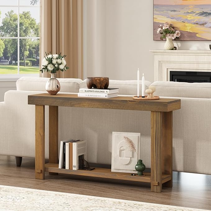 HOKYHOKY Solid Wood Console Table for Entryway, 54.3" Farmhouse Entryway Tables with Thickened Tabletop and Legs Rustic Narrow Skinny Behind Couch Long Sofa Table for Living Room, Hallway, Foyer