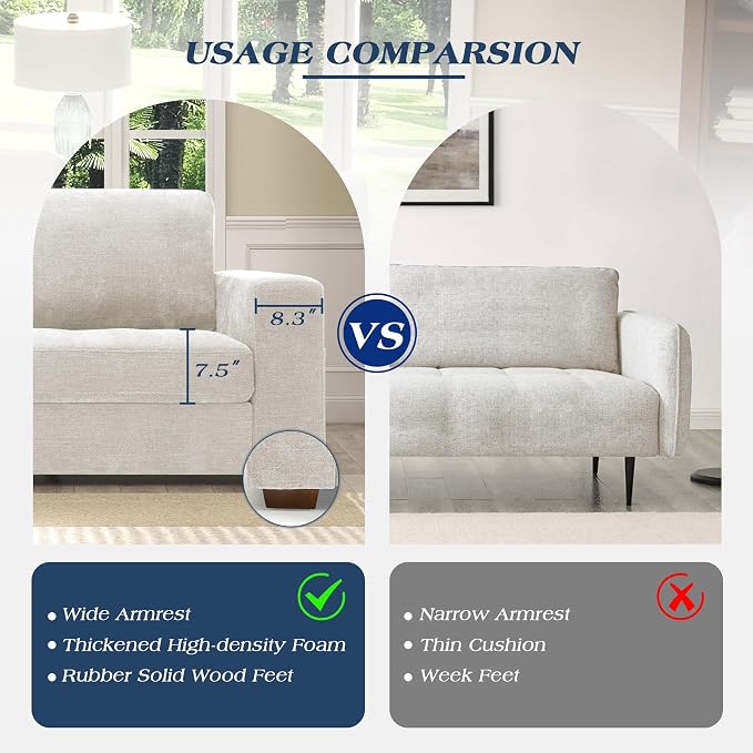 WorthFurni Sofas for Living Room, Chenille Loveseat Couch Set, Small Sofa, 3 Seater Sofa, USB Charging, Removable Sofa Cover,Solid Wood Frame, Easy to Install(70inch,Beige)