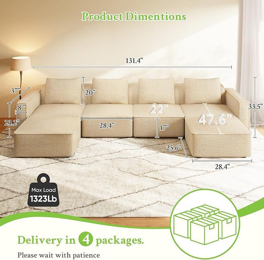 Welzona 132" Locked-in Modular Couch, Minimalist Modular Sectional Sofa, Tool-Free Setup U Shaped Couch & Ottoman, Wood Frame Sofas for Living Room, 22" Deep Seat Chenille Cloud Couch Sectional,Camel