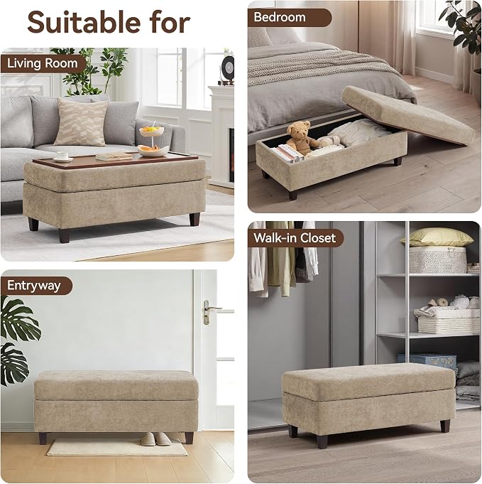 45 Inch Large Storage Ottoman Bench with Wooden Tray Coffee Table, Khaki Chenille Upholstered Foot Rest, Multifunctional Foot Stool Ottoman for Living Room, Bedroom & Entryway, Solid Wood Legs