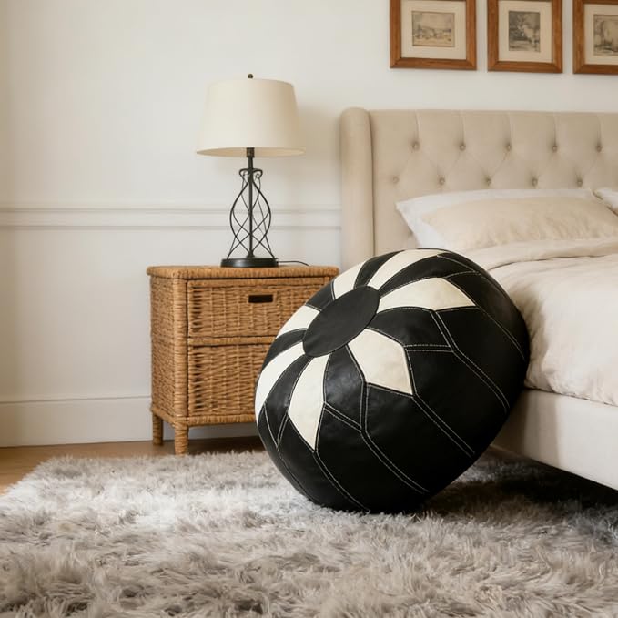 Thgonwid Unstuffed Moroccan Faux Leather Pouf Ottoman Cover with Storage - Boho Chic Multi-Use Footrest for Living Room, Bedroom, Patio - Round Ethnic Floor Cushion & Decorative Accent, Black&White