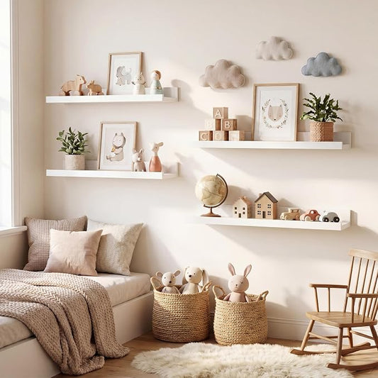 Axeman Picture Ledge Shelf | 20 Inch Floating Shelves Set of 4 | White Wall Shelves with Lip | White Picture Shelf for Wall with Ledge | Wood Photo Ledges for Living Room Bedroom