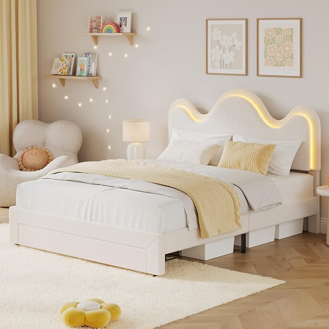 IDEALHOUSE Queen Bed Frame with LED Headboard and Under-Bed Drawer, Metal Upholstered Platform Bed with LED Light for Kids, Girls, Lamb Fleece Fabric, Wooden Slats Support, No Box Spring Needed, White
