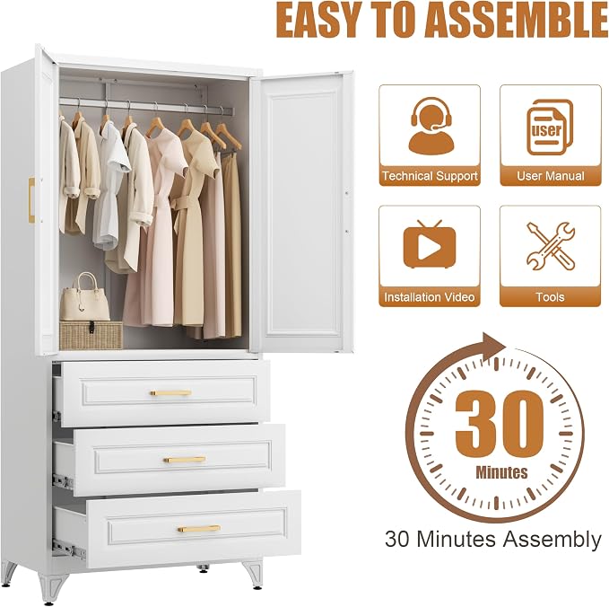 Metal Armoire Wardrobe Closet, 3 Drawers Clothes Storage Cabinet | Metal Wardrobe Cabinet with Doors, Hanging Rod, 71"Tall White Armoires, Closet for Bedroom, Bathroom, Gym