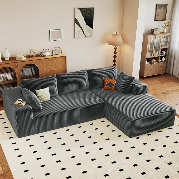 96" Modular Sectional Sofa, Modern Corduroy Cloud Couch with Deep Seat, Boneless Couch Upholstered 3-Seater L-Shaped Sofa for Living Room, No Assembly Required (Dark Grey, Right-Facing Chaise)