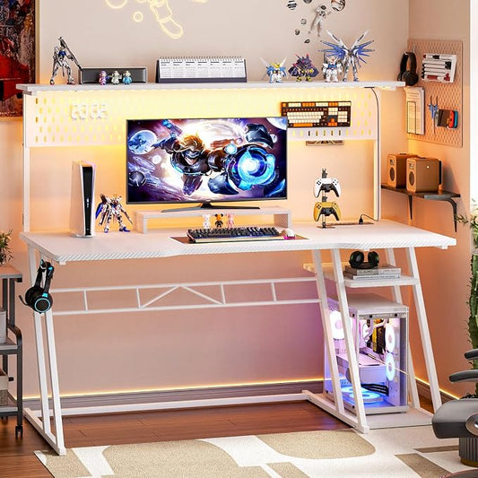 Armocity 53'' White Gaming Desk with Hutch and LED Lights, Gaming Computer Desk with Storage Shelves & Z-Shaped Legs, Reversible PC Game Desk with Pegboard for Bedroom, Carbon Fiber Surface