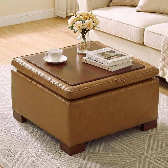 30 Inch Square Storage Ottoman Coffee Table, Modern Tufted Upholstered Ottoman with Flip Tray and Solid Wood Legs, Suitable for Living Rooms, Faux Leather Brown