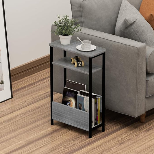 THUMEYE 7.1" Narrow Side Table for Small Spaces, 3 Tier Small End Table with Magazine Holder, Slim/Skinny Nightstand/Bedside Table for Living Room, Bedroom, 15.4" L x 24.2" H, Gray