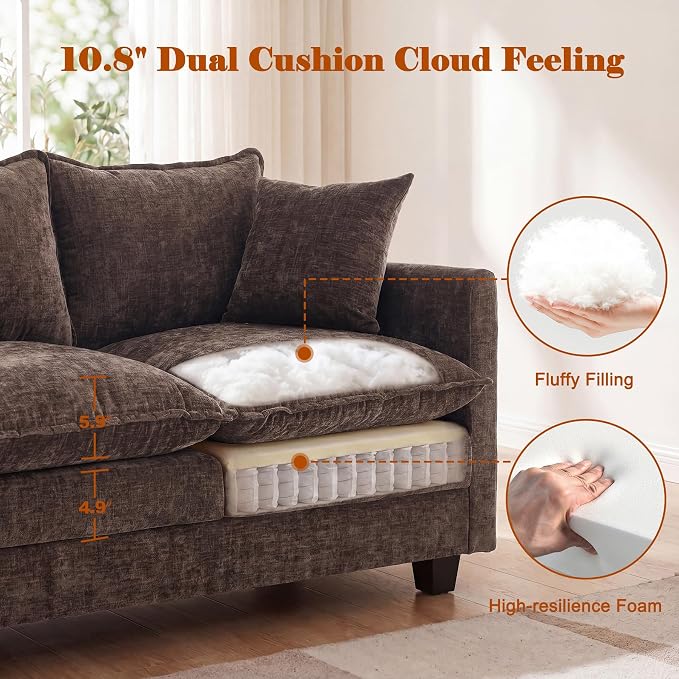 50'' L-Shape Loveseat Sofa with 22" Ottoman, 2 Seat Modern Cloud Couch with 2 Washable Pillows for Small Space Apartment Office Living Room Bedroom, Brown