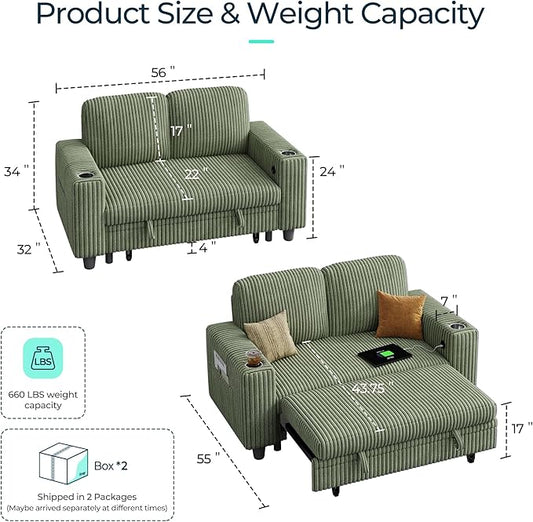 LINSY HOME Sectional Sleeper Sofa with Pull Out Couch Bed for Living Room (Green) | Plush Corduroy