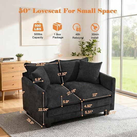50'' Loveseat Sofa Cloud Sofa Couch, Modern Loveseats 2 Seat Couch 27" Deep Seat with 2 Pillows for Small Spaces Apartment Studio Office Bedroom Living Room, Black