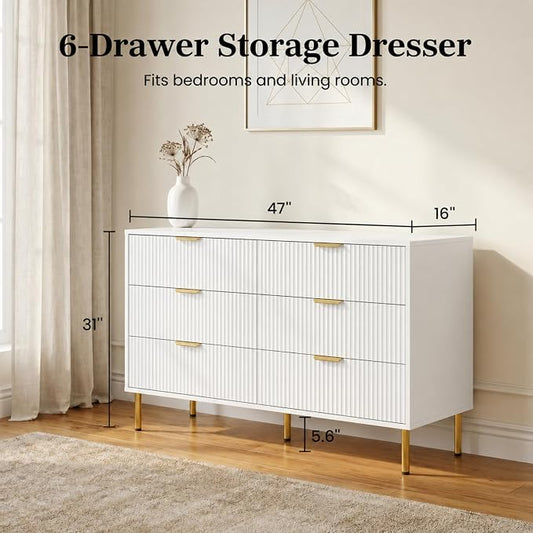 White and Gold Bedroom Furniture Set, 3 Piece Fluted Dresser and Nightstand Set with Gold Handles, 47" Dresser and Two 24" Bedside Tables