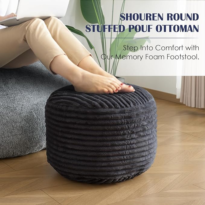 SHOUREN Stuffed Round Ottoman,Corduroy Pouf Ottoman Foot Rest with Foam Filling,Pouf Storage Ottoman Footstool for Living Room,18 X 14 Floor Poufs for Couch,Footrest Only - 18 X 14 Inches,Dark Grey