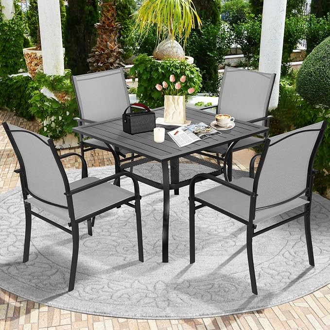 SUNCROWN 6 - Piece Outdoor Dining Set, Patio Furniture Set with 4 Textilene Dinning Chairs, 1 Steel Slat Metal Bistro Table and 1 Dark Blue 9Ft Patio Umbrella for Lawn Garden Backyard Deck, Grey