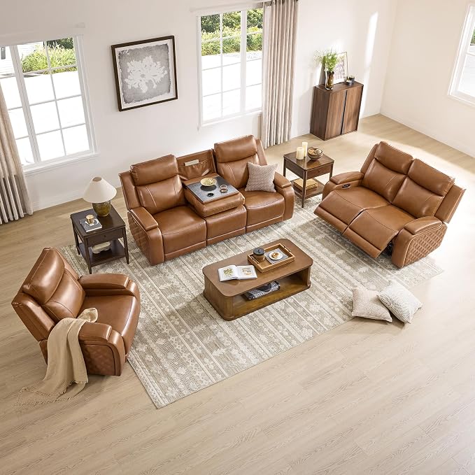 Watson & Whitely Genuine Leather Power Recliner Sofa and Loveseat Set, Zero Gravity Reclining Couch with Storage Console, Power Headrest & Wireless Charging, Cup Holders for Living Room, Saddle Brown