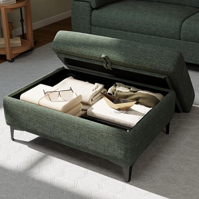 Upvilla 35" Large Storage Ottoman for Living Room, 7.8" Deep Seat Rectangular Ottoman Foot Rest for Couch, Chenille Storage Footstool Load 350 lb (Green)