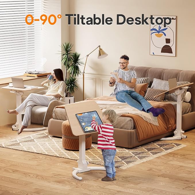 JOY worker Foldable Mobile Standing Desk, Pneumatic Height Adjustable Sit Stand Desk, 90° Tiltable Rolling Laptop Desk, Portable Cart with Wheels Non-Slip Mat for Home Office, Holds Up to 22lbs