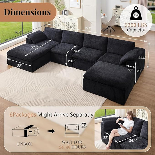 Jocisland 153" Cloud Couch Sectional, No-Assembly Modular Sectional Sofa with 76.4 inch Deep Chaise, Oversize Cloud Couch for Living Room, Black Chenille