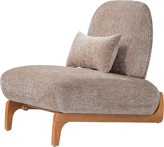 Merax Linen Accent Chair with Curved Wood Base and Lumbar Pillow, Espresso + Natural