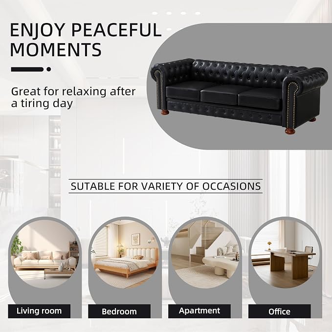 Chesterfield Leather Sofa, 89" Mid Century Modern Couch with Low Back, Roll Arm Nailhead Trim Classic 3 Seater Couch for Living Room, Office, Apartment, PU Black
