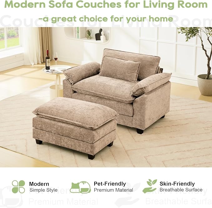 Oprisen 53" Modular Sectional Sofa, Comfy Cloud Couch Sectional Sofa with Ottoman, Chenille Sofa Sleeper Deep Seat Sofa with Throw Pillows for Living Room (Khaki)