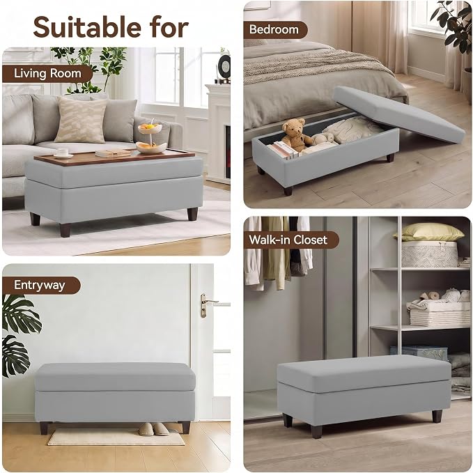 45" Faux Leather Storage Ottoman Bench with Wooden Tray, Light Grey Large Upholstered Foot Stool, Multifunctional Coffee Table Storage Bench with Solid Wood Legs for Living Room Bedroom Entryway