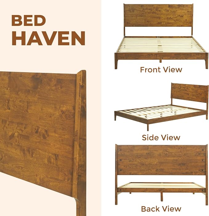 Acacia Haven King Premium Wooden Platform Bed, 100% Solid Wood Platform Bed with Headboard, Wood Slat Support & No Box Spring Needed, Effortless Assembly, 800 lbs Capacity, Caramel.