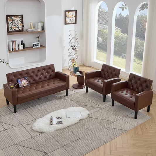 TYBOATLE 62" W Leather Loveseat w/Chairs, 3 Piece Sofa Sets for Living Room w/ 2 USB Charger Ports and 2 Cupholders, Living Room Furniture Sets of 3 (3, Brown)